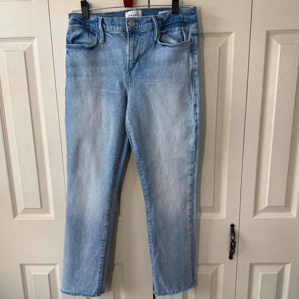 Frame Le High Straight Jean Light Wash Raw Hem Womens Size 28 - Picture 2 of 12